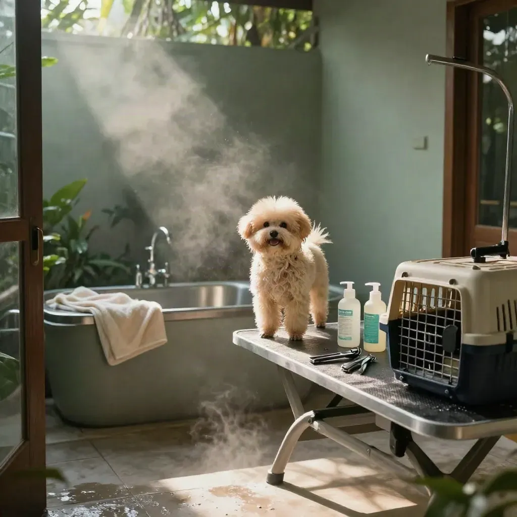 Bay grooming hewan dengan spitz krem basah, bak stainless, handuk, dan suasana hangat sesudah hujan.