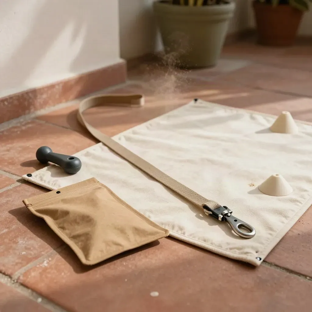Kit latihan perilaku anjing di teras terracotta dengan leash diagonal dan cone kecil.