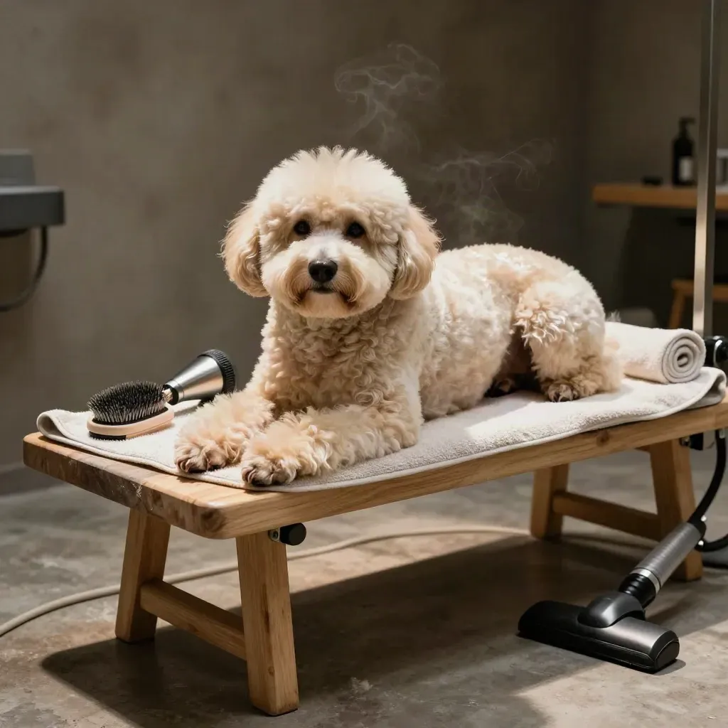 Anjing krem habis grooming di bangku handuk, dengan sikat bulu dan selang vakum di ruang gelap.