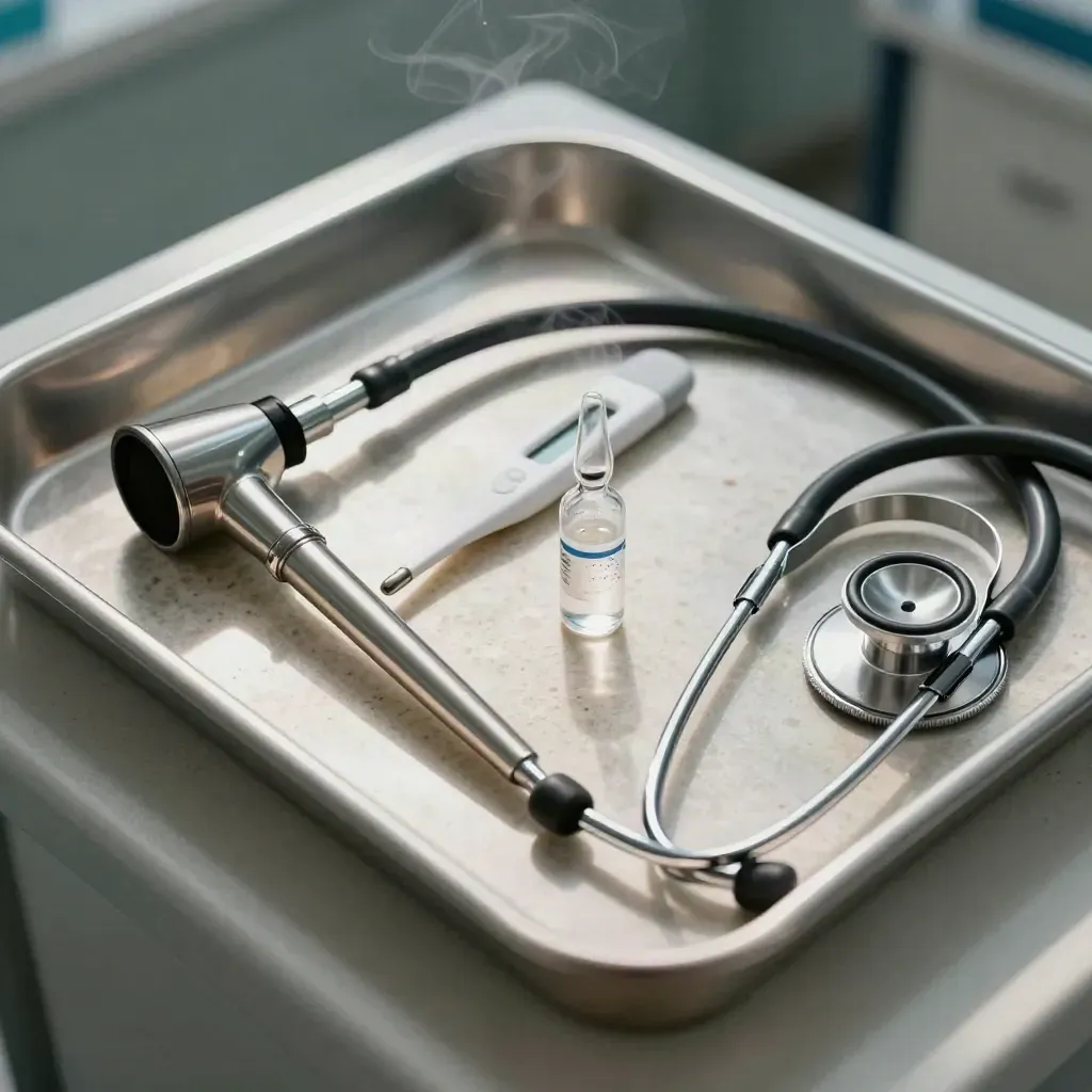 Alat dokter hewan steril di tray, dengan otoskop, termometer, ampul vaksin, dan stetoskop.