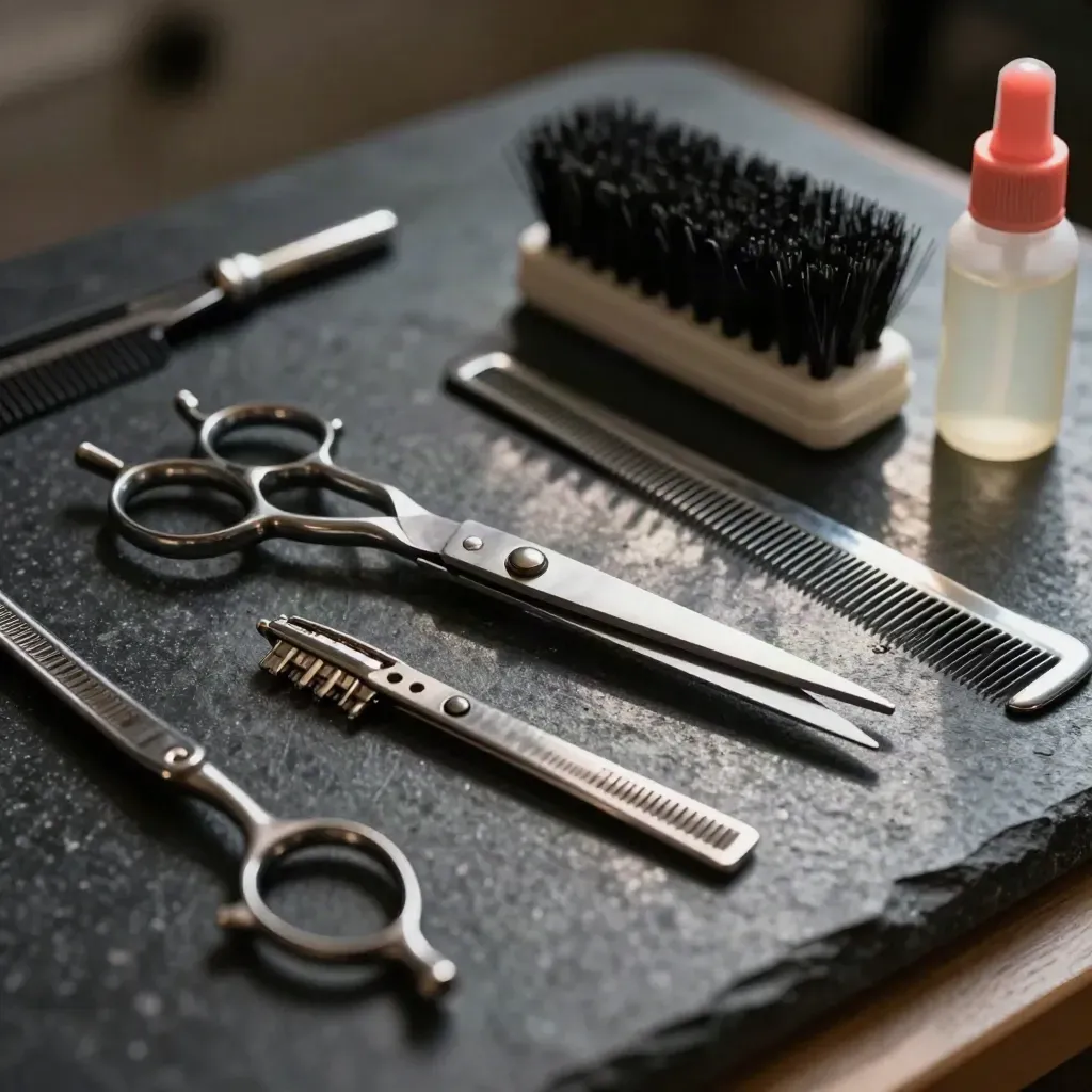 Peralatan grooming hewan di atas batu gelap, tersusun dramatis.