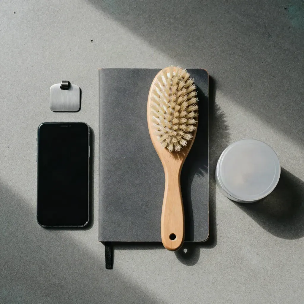 Flatlay perlengkapan intake hewan di atas beton, rapi dan minimal