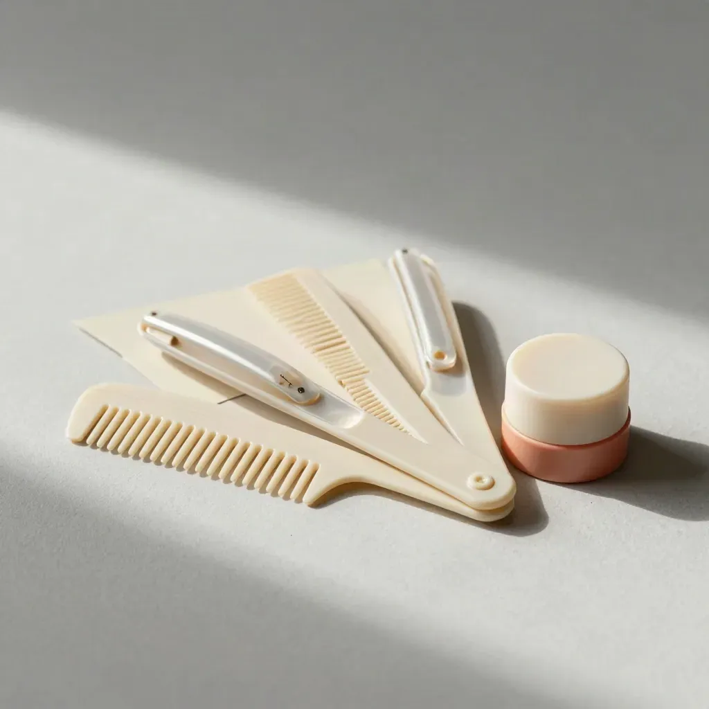 Token layanan grooming, sisir kecil, guard clipper, dan tutup sampo di latar krem minimalis.