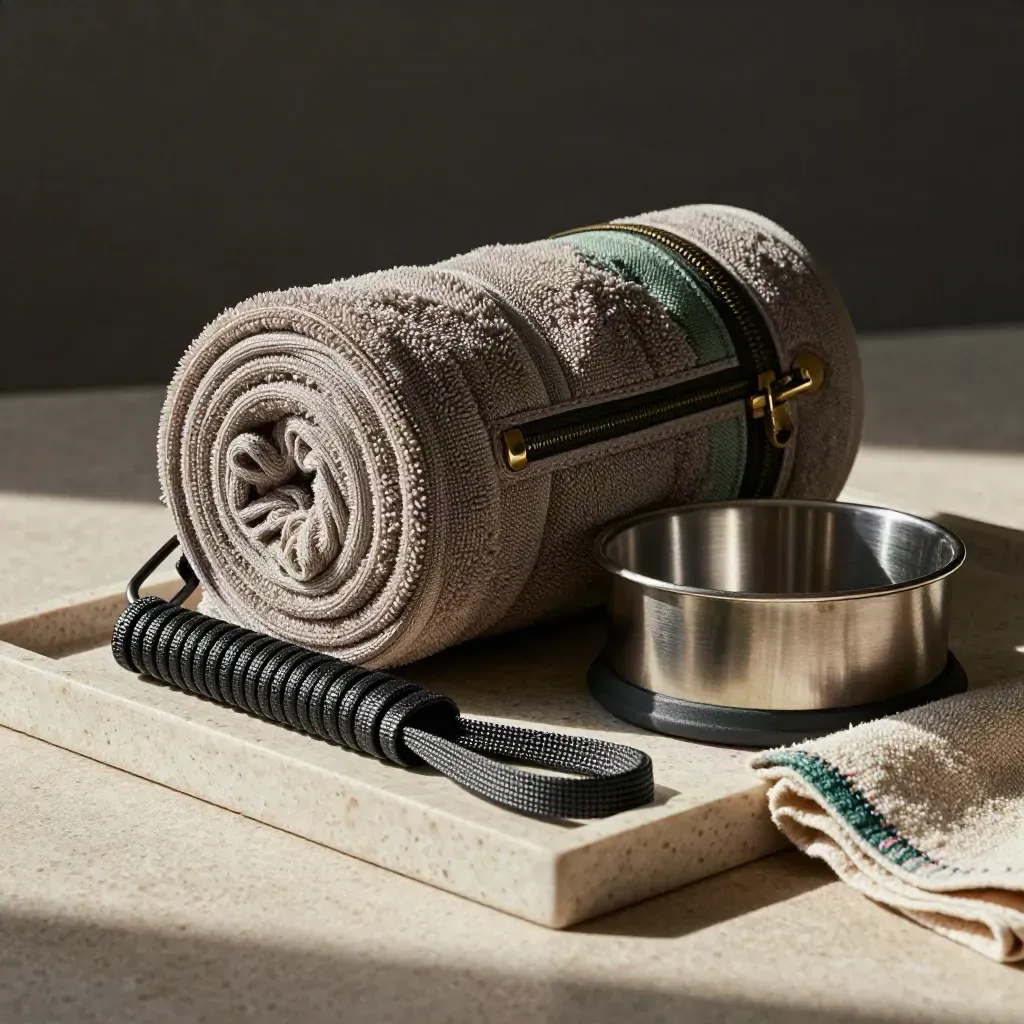 Kit grooming anjing di tray batu dengan tali, handuk gulung, dan mangkuk air perjalanan.