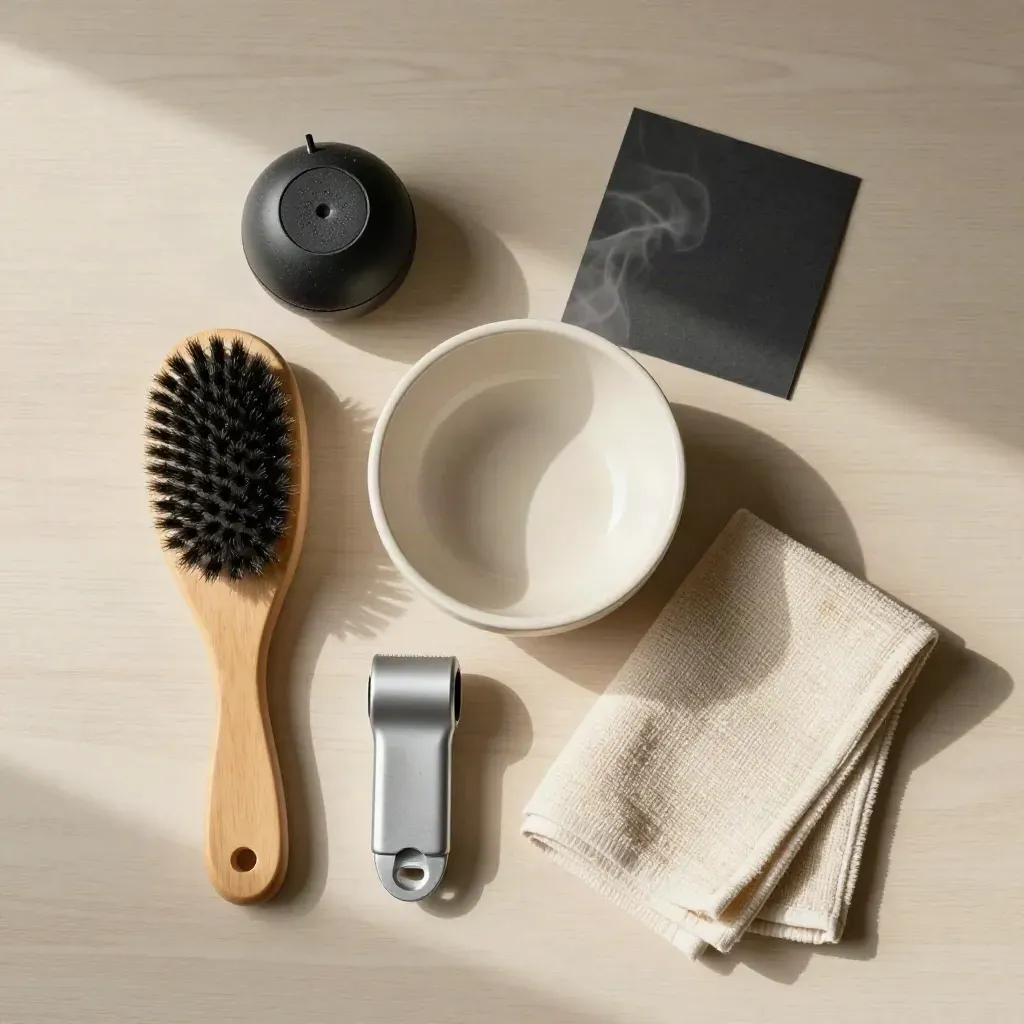 Peralatan aftercare hewan di atas kayu terang: timer, sikat, mangkuk, roller, dan kain microfiber.