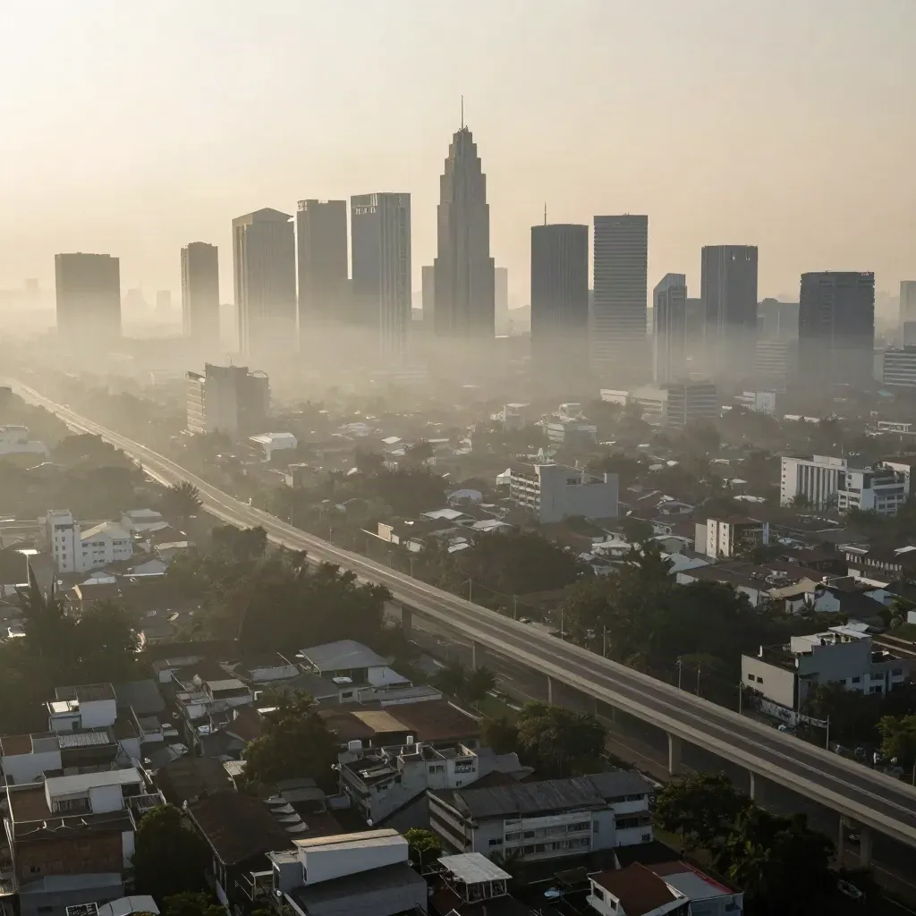 Skyline Jakarta berkabut pagi dengan jalan layang dan cahaya lembut.