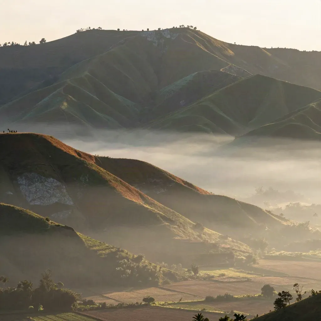 Perbukitan Bandung Raya berselimut kabut pagi dengan punggung gunung jauh di cahaya emas.