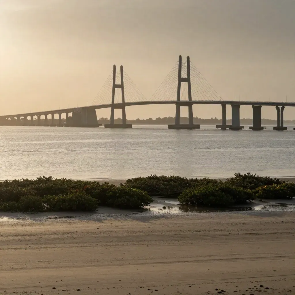 Jembatan Suramadu di atas laut pantai berkabut keemasan