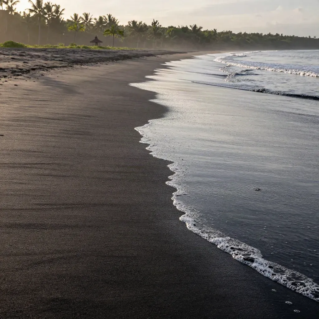 Pasir vulkanik hitam Bali dengan ombak lembut dan atap pura samar di kejauhan.
