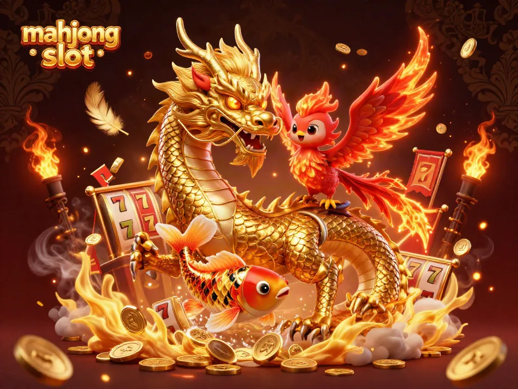 Memainkan mahjong slot dengan naga emas berkilau, phoenix merah, dan ikan koi beruntung melompat di atas koin emas