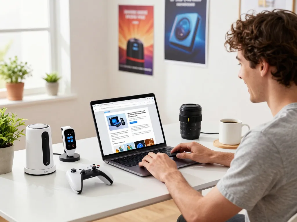 Exploring affordable tech gadgets in a vibrant home workspace with Bluetooth controllers and smart devices.