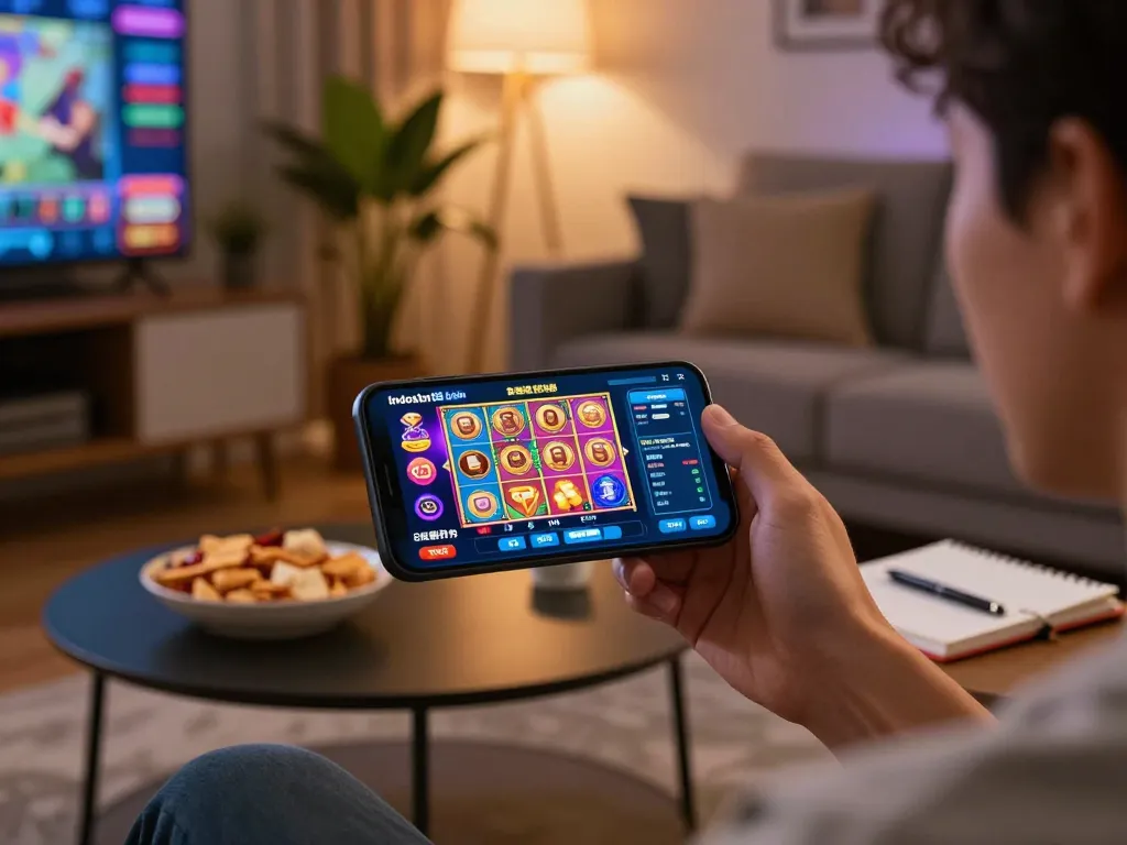 Gameplay yang menarik di aplikasi indoslot88-login, menampilkan permainan slot yang hidup dalam suasana rumah yang nyaman.