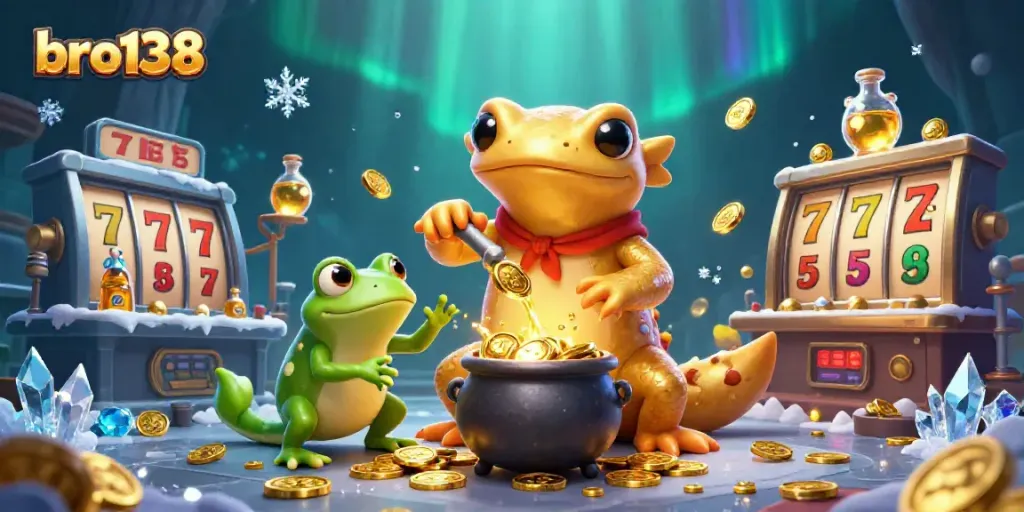 Experience bro138 casino excitement with a giant golden salamander transmuting gold coins in a magical casino setting.