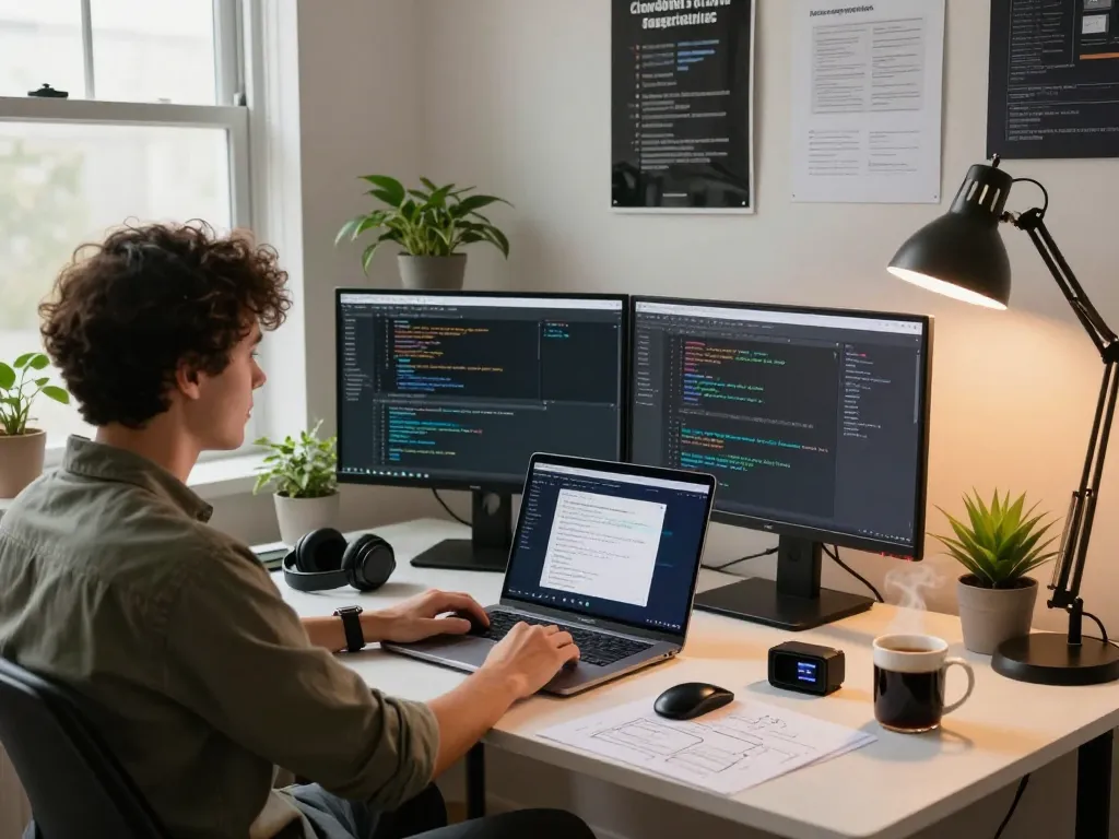 Developer using Clawdbot mac in a cozy home office with code and coffee.