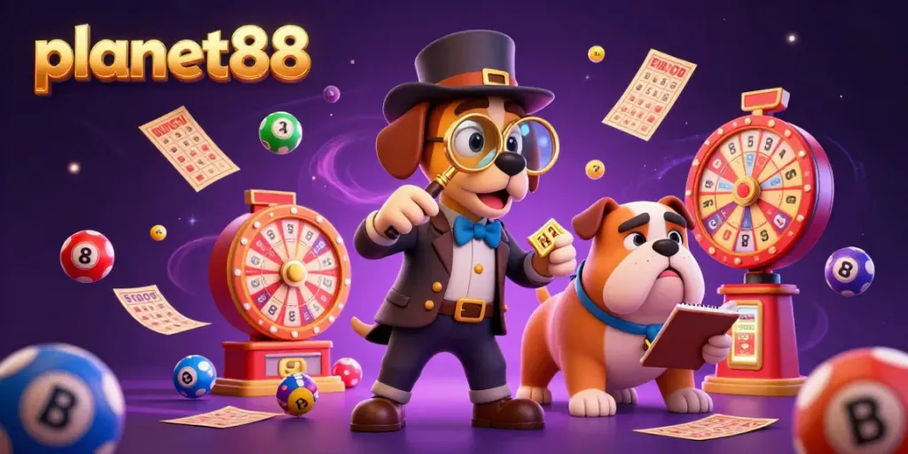 Experience excitement with planet88 in this 3D cartoon gambling scene featuring detectives examining poker chips and lottery balls.