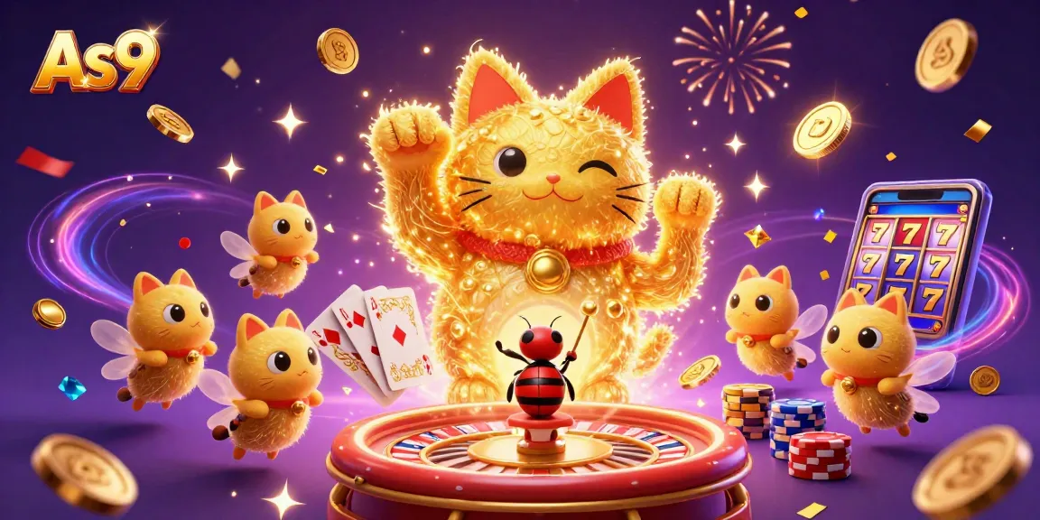 Experience As9's vibrant gaming scene featuring a giant lucky cat surrounded by casino symbols and festive elements!