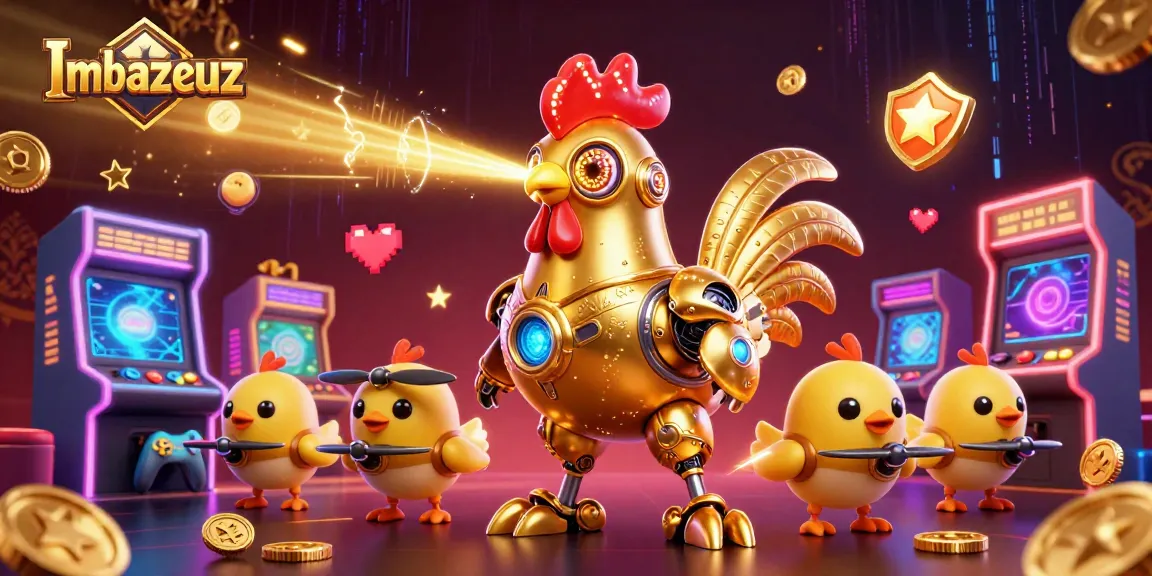 Menangkan permainan di Imbazeuz dengan ilustrasi robot ayam emas futuristik dan drone bayi dalam dunia kasino