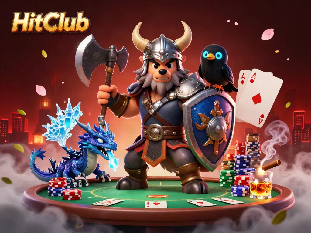 Engage in thrilling action at HitClub with the Viking wolf warrior and dragon in a vibrant casino setting featuring poker elements.