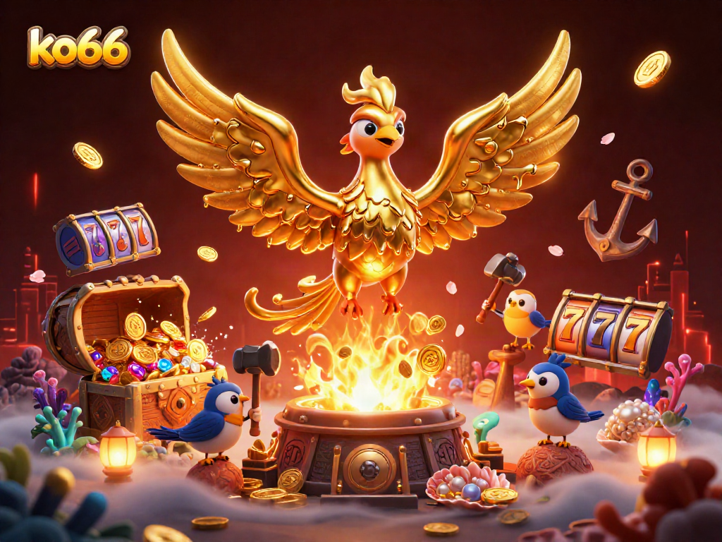 Experience the thrill of ko66 with a stunning golden phoenix emerging from a molten forge surrounded by vibrant casino elements.