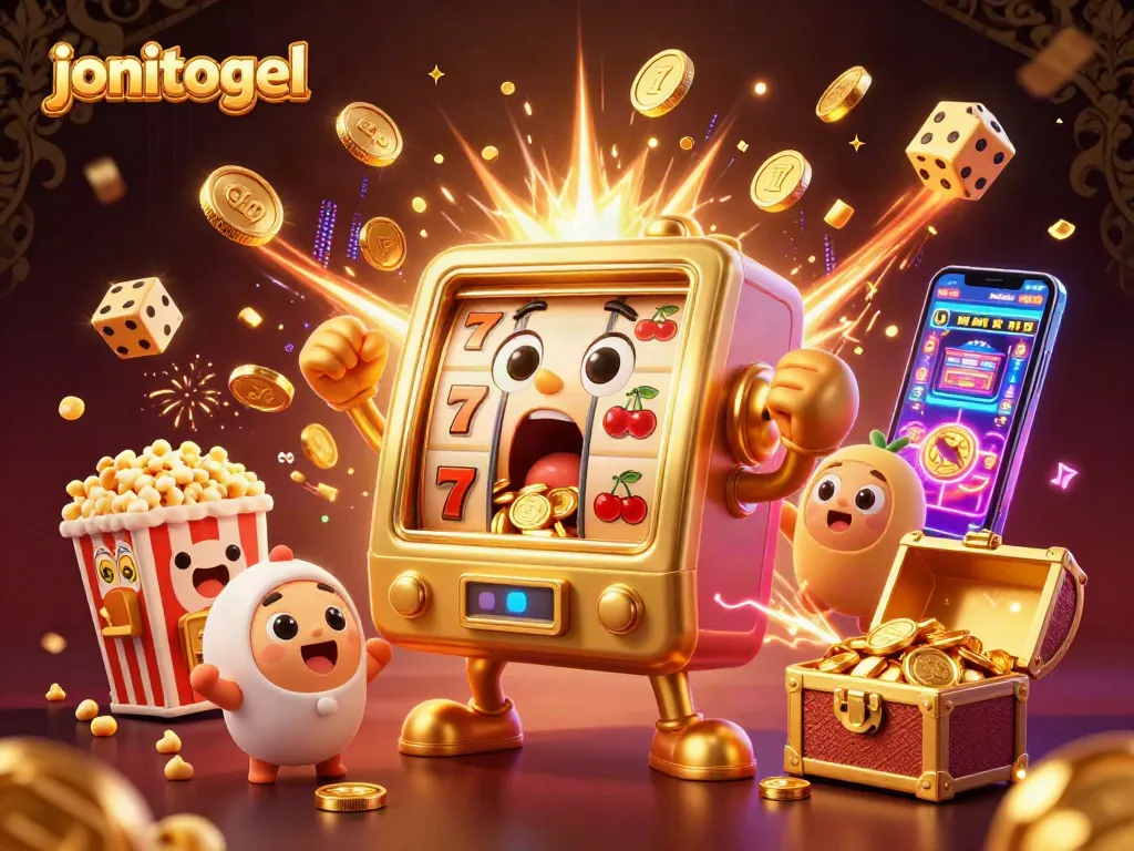 Experience the fun of jonitogel with golden slot machines celebrating jackpots amid dazzling casino elements.