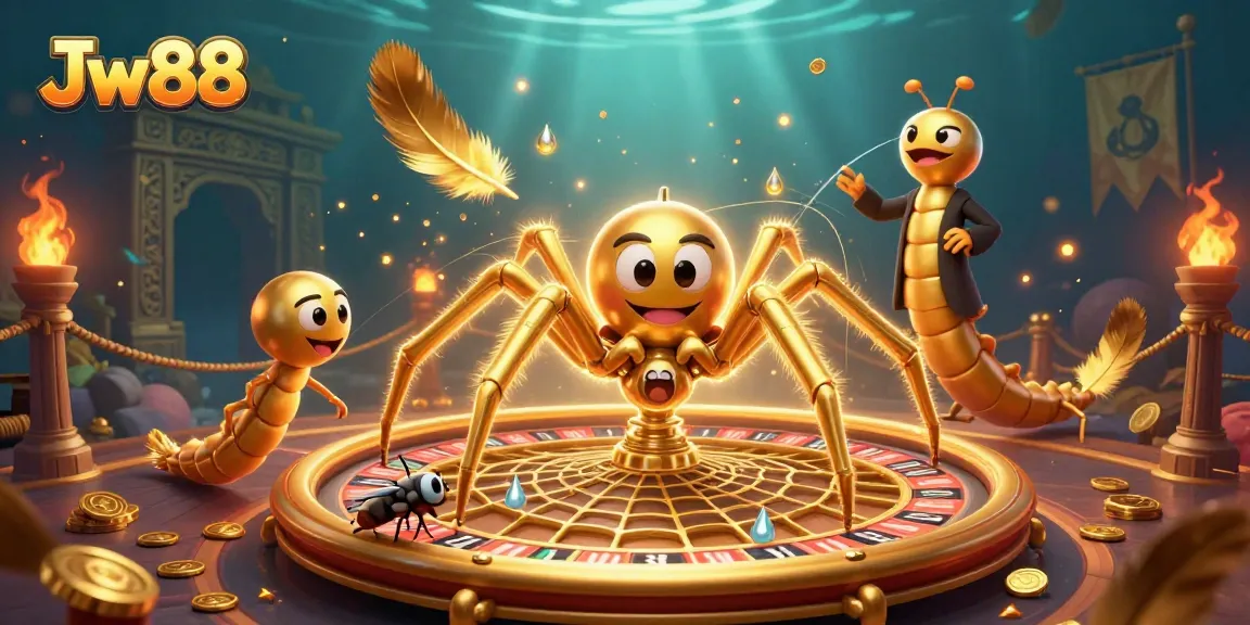 Engage in thrilling bets at Jw88 with vibrant casino elements and a spider-themed roulette.