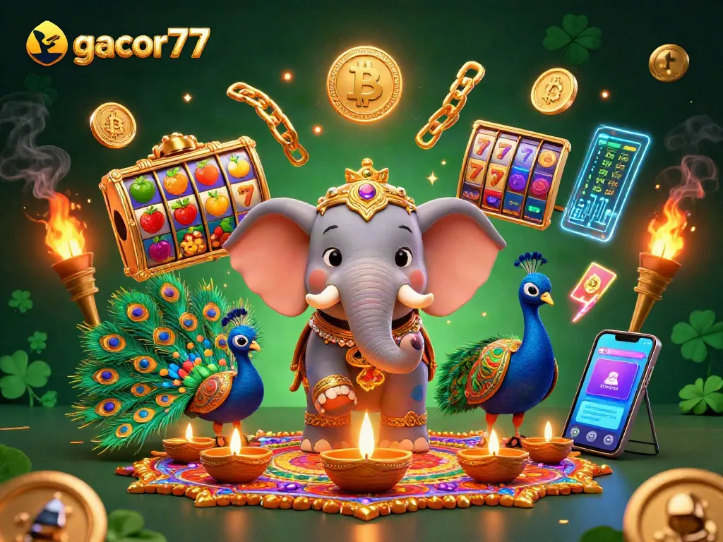 Permainan gacor77 slot dengan elefant dihias emas dan burung merak mewarnai suasana kasino.