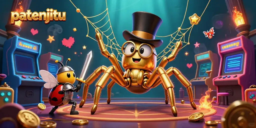 Patenjitu adalah platform perjudian yang menghadirkan tarantula emas raksasa dan ksatria kecil dalam adegan kasino yang penuh warna.