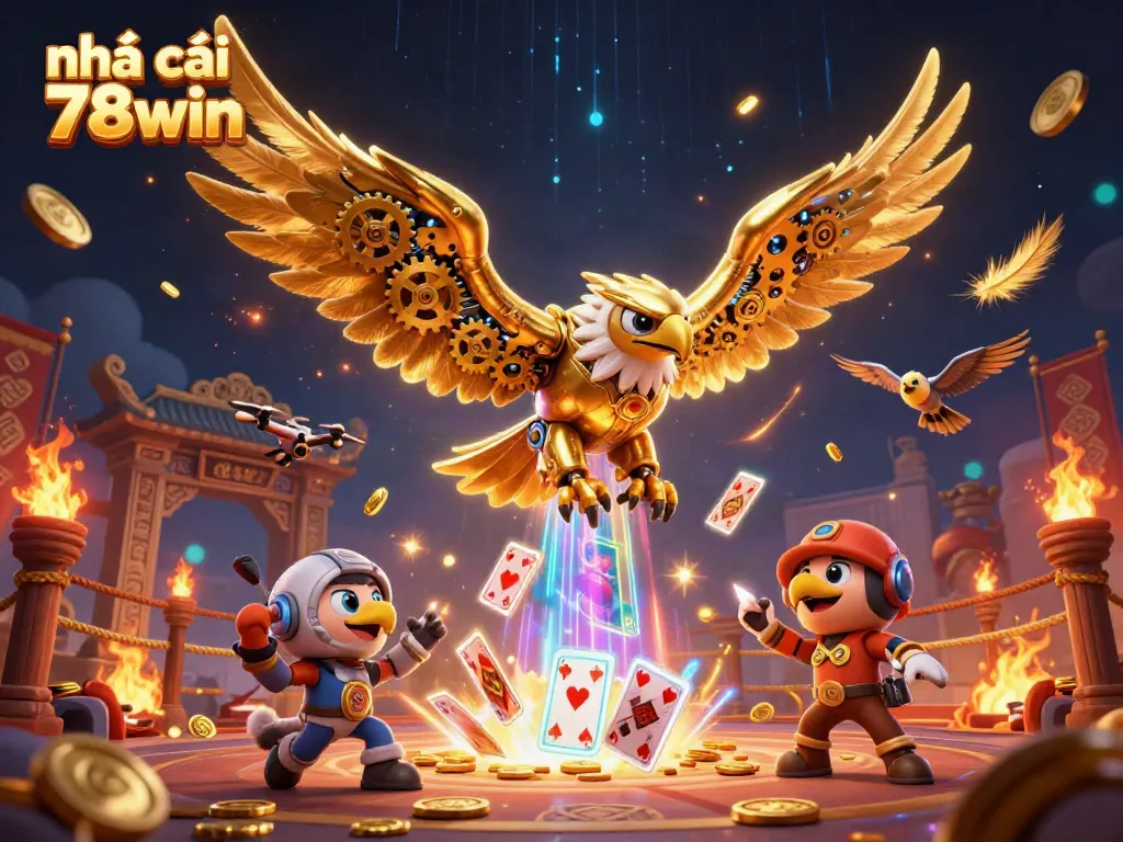 Engaging visual of nhà cái 78win featuring a dynamic 3D cybernetic eagle amidst an energetic casino scene