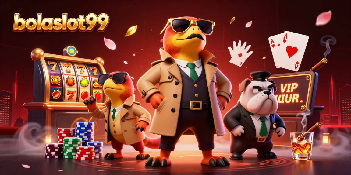 Bolaslot99 illustrates cartoon raptors in a trench coat at a casino lounge with poker dynamics.