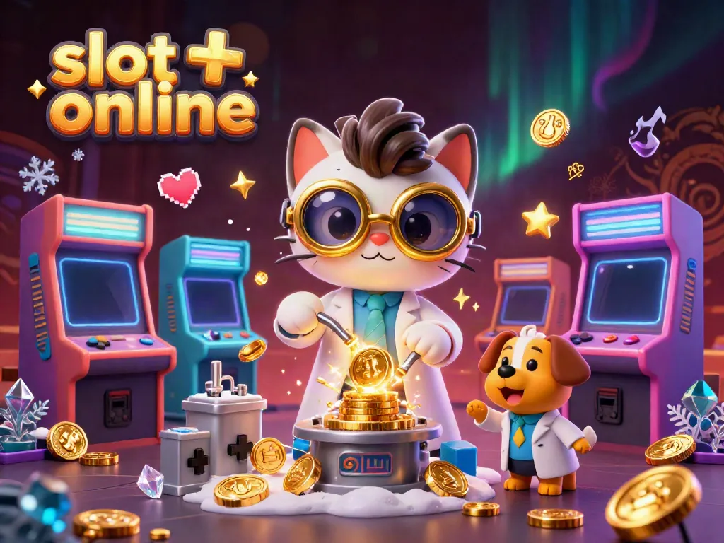 Permainan slot online dengan kucing ilmuwan dan anjing asisten, dikelilingi mesin permainan 3D