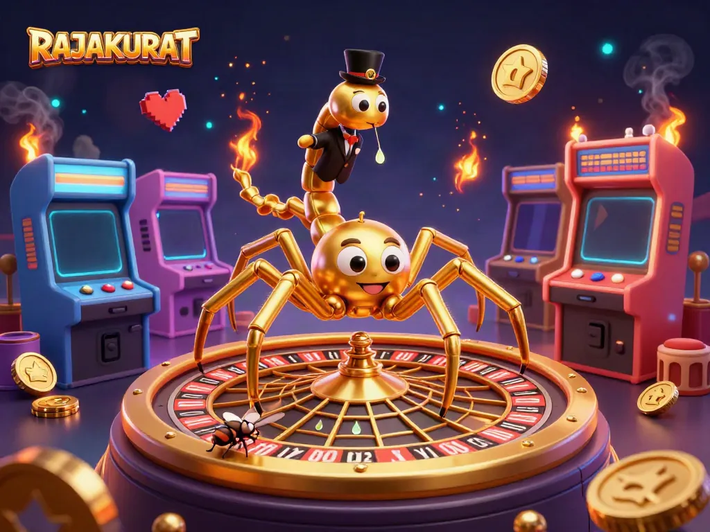 Experience the thrilling atmosphere of RAJAAKURAT with a golden roulette web and animated characters.