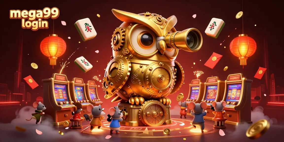Experience the action of mega99 login, with vibrant casino elements and playful characters in this detailed 3D illustration.