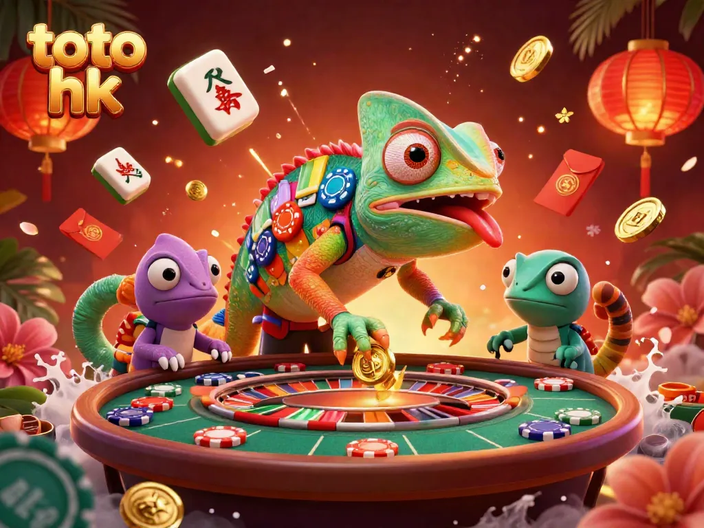 Menggunakan strategi menang di toto hk dalam ilustrasi kasino yang ceria, menampilkan chameleon sebagai pemilik.