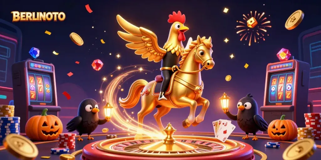 Experience the thrill of BERLINTOTO with golden rooster characters and sparkling gems in a vibrant casino.