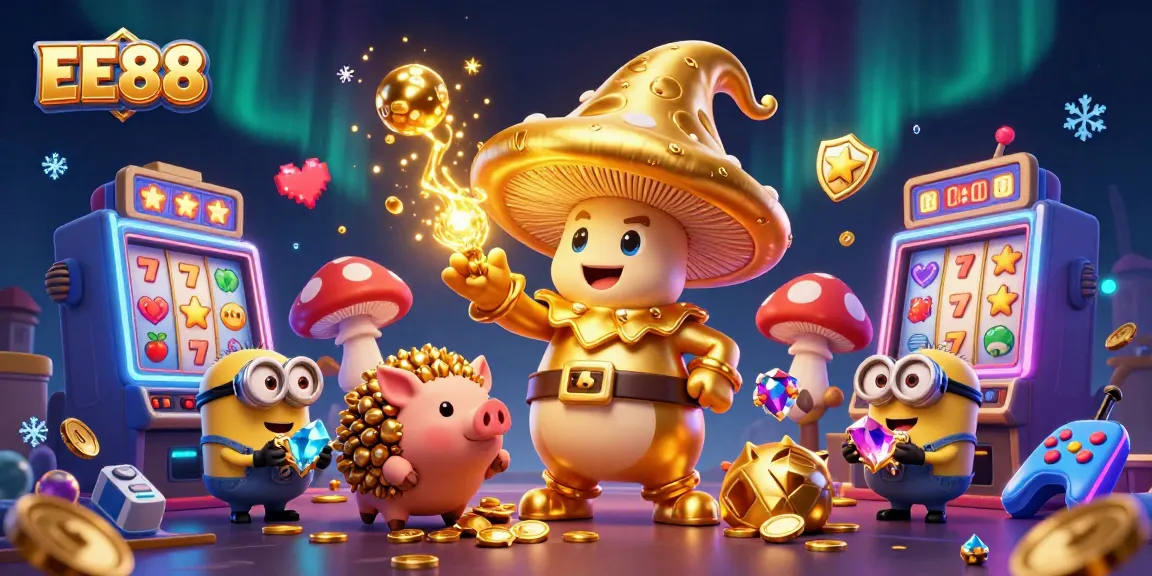Experience amazing riches with EE88's vibrant casino gaming featuring golden characters and slot machines.