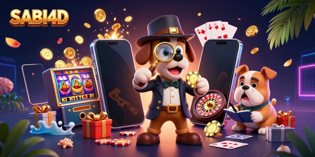 SABI4D menampilkan detektif anjing dan teman bulldog, fokus pada petunjuk chip poker emas.