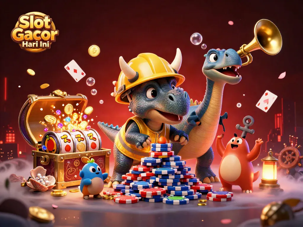 Slot Gacor Hari Ini menampilkan triceratops membangun tumpukan chip poker dengan ikan dan kartu bermain.