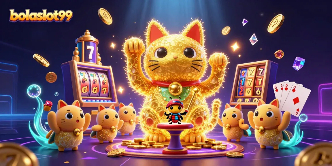 Engage with bolaslot99 for exciting slot game adventures featuring a lucky cat and vibrant casino elements.