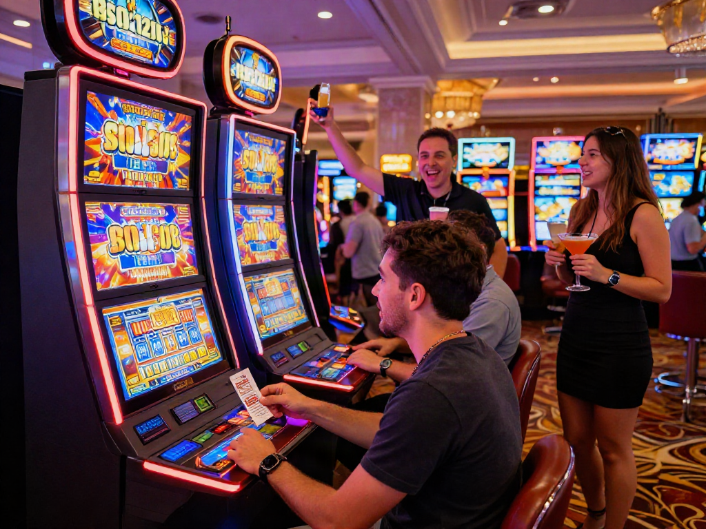 Excited player at the bro138 slot machine in a colorful casino atmosphere.