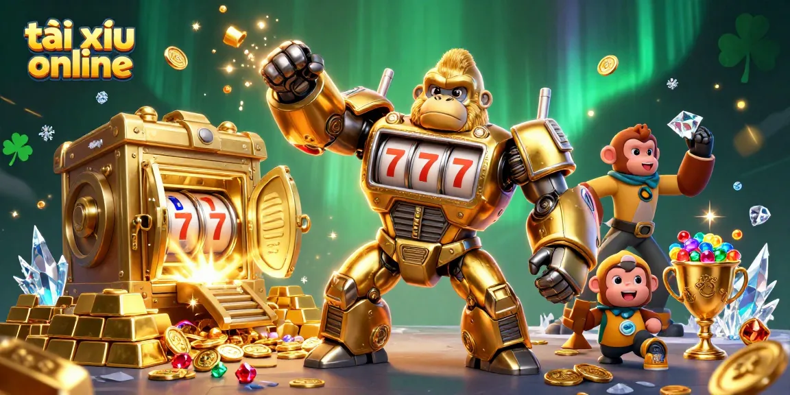 Engaging scene of tài xỉu online gameplay featuring a golden gorilla mech and treasure vaults.