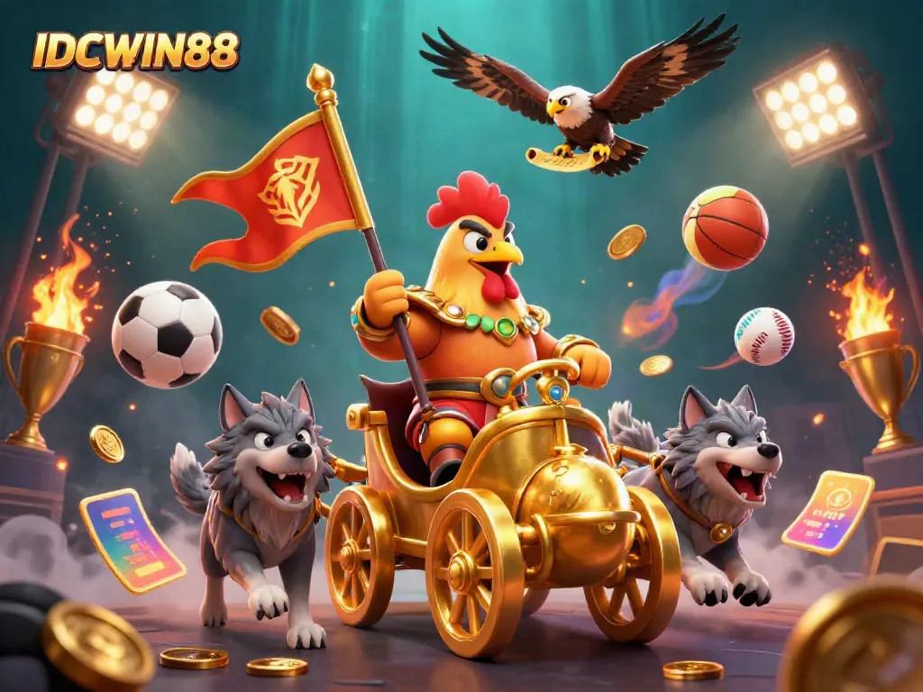 Experience the thrilling world of IDCWIN88 with a vibrant 3D scene featuring gaming excitement and dynamic sports elements.
