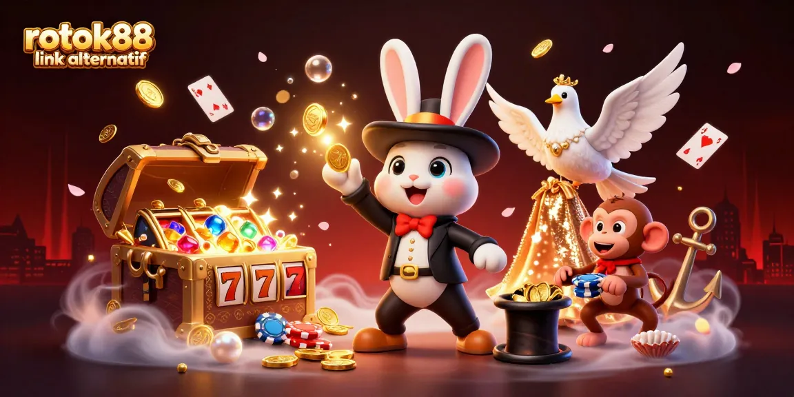 Engage with rokok88 link alternatif in a vibrant casino scene filled with golden coins and playful characters.
