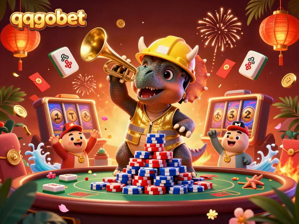 Celebrate with qqgobet as a triceratops builds poker chip pyramids in an animated casino scene.