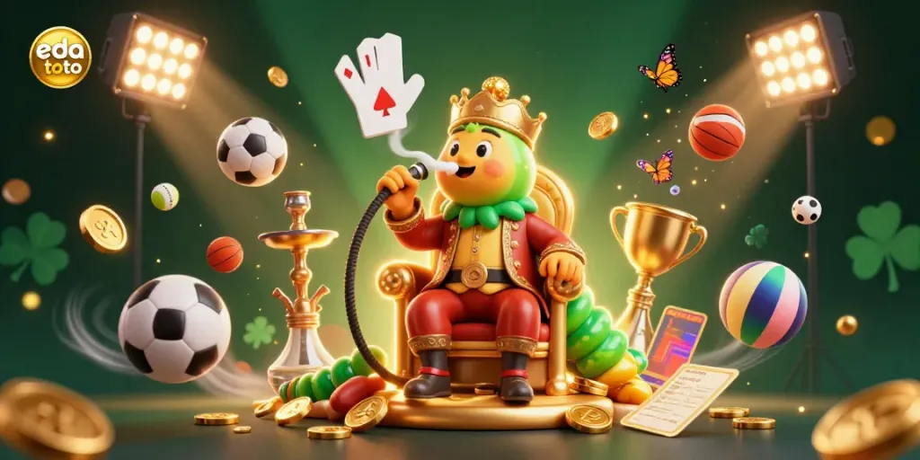 Engage with the eda toto platform featuring a lively 3D illustration of a caterpillar hookah-master in a casino setting with poker symbols and sports elements.