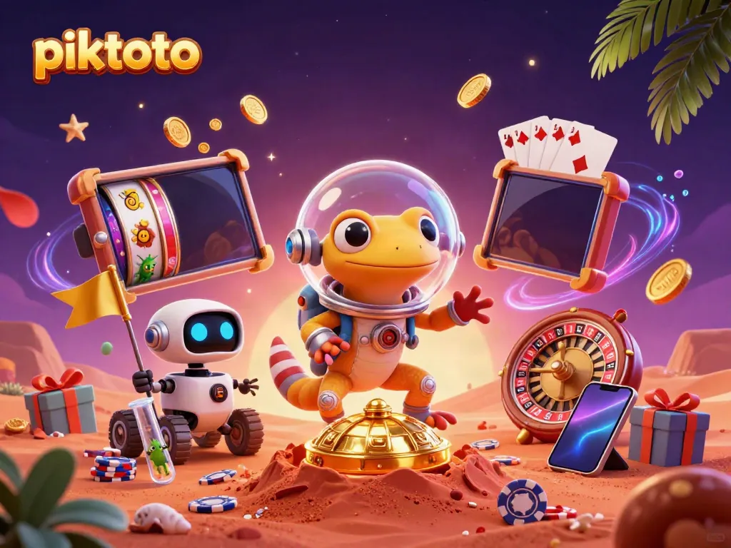 Engage with the lively piktoto Martian adventure showcasing a colorful casino scene with slots and treasures.
