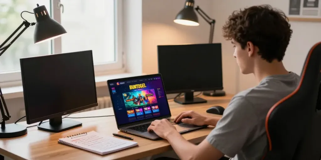 Gamer mengakses BUNTOGEL untuk bermain togel online 4D dengan antarmuka menarik.