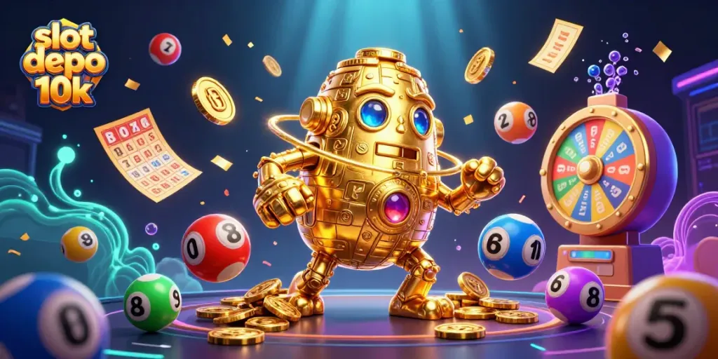 Engage with slot depo 10k action featuring 3D golden golem amidst vibrant lottery elements.
