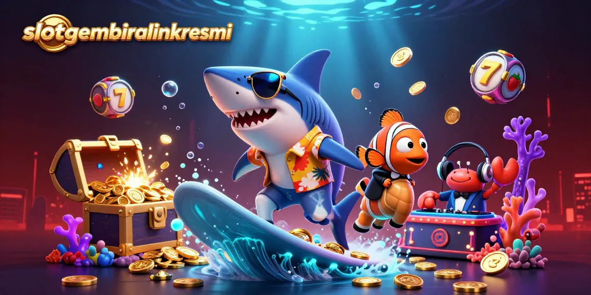 Menangkan jackpot di slotgembiralinkresmi dengan ikan hiu kartun dan harta karun bawah laut.