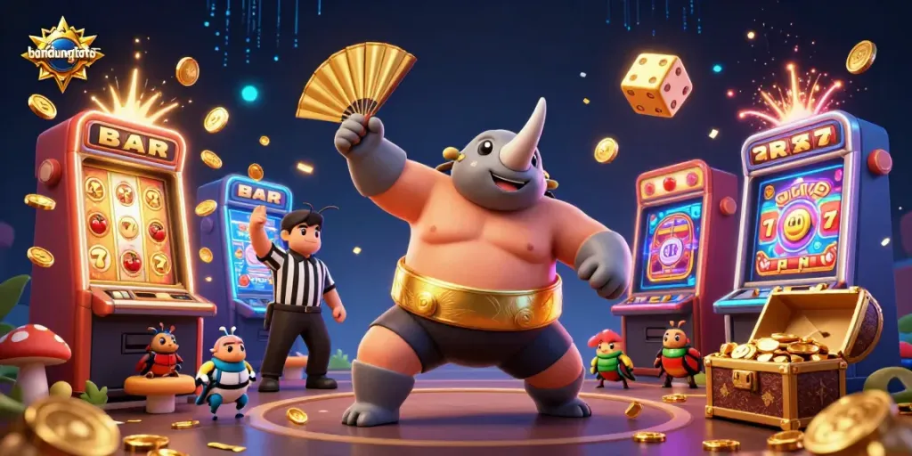 Experience thrilling gameplay with bandungtoto's dynamic 3D casino illustration featuring vibrant slot machines and energetic characters.
