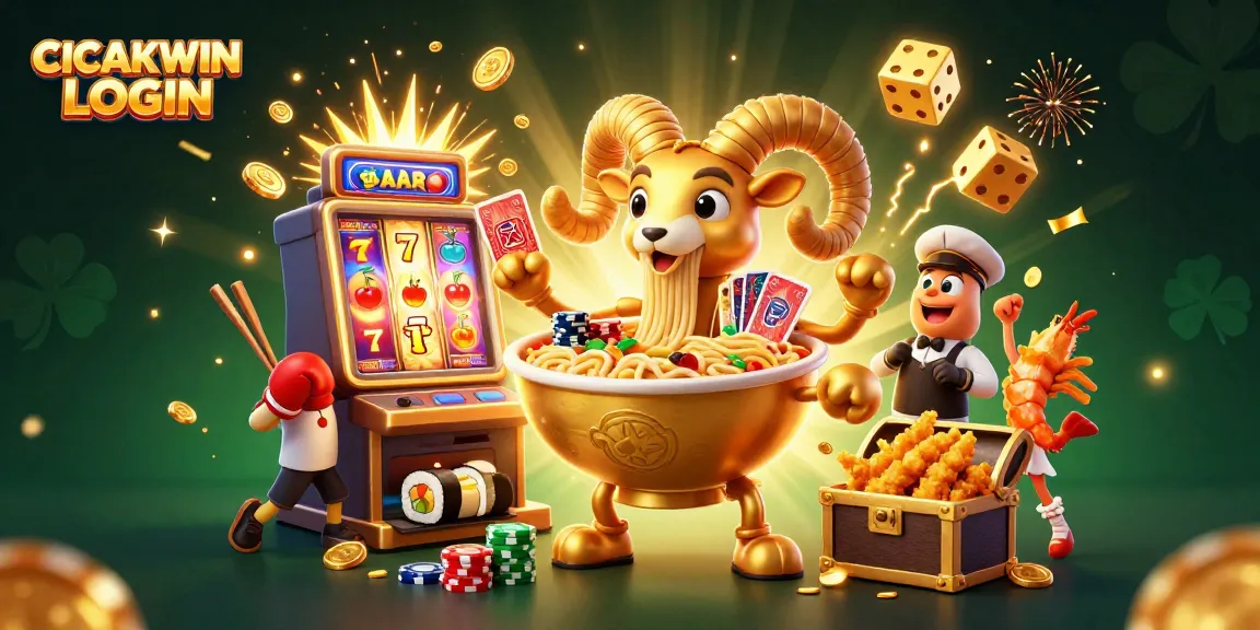 CICAKWIN LOGIN: Join the fun with a golden ramen bowl character stacking chips and dealing cards in a vibrant casino scene.